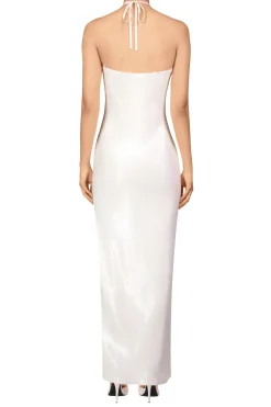 White Sequin Halter Gown With Flower Detail