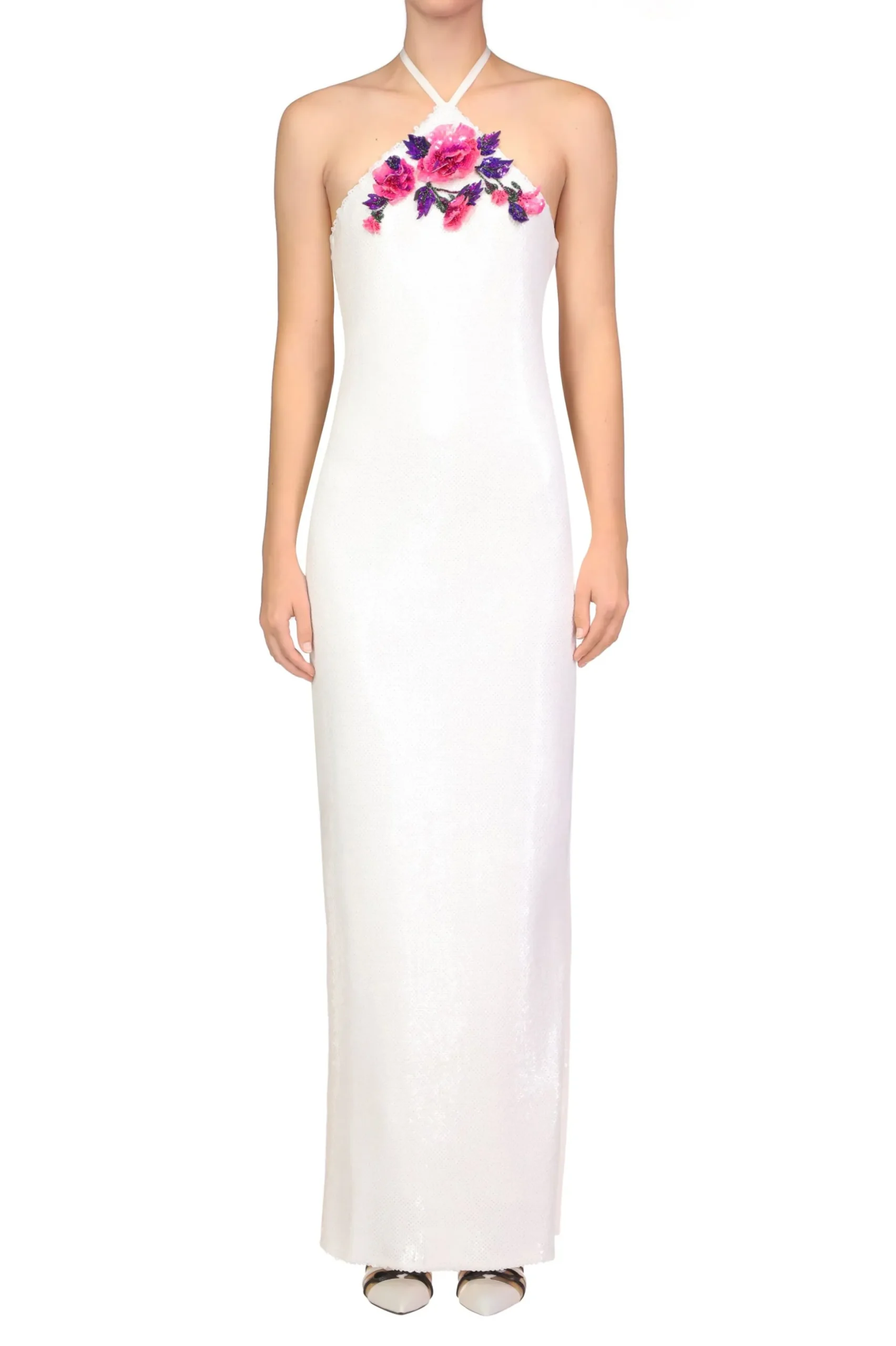 White Sequin Halter Gown With Hand Beaded Floral Detail
