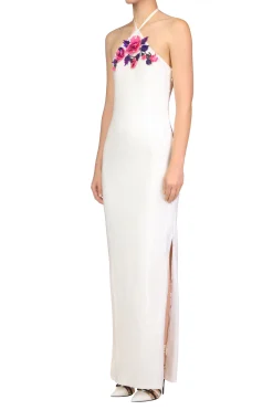 White Sequin Halter Gown With Hand Beaded Floral Detail