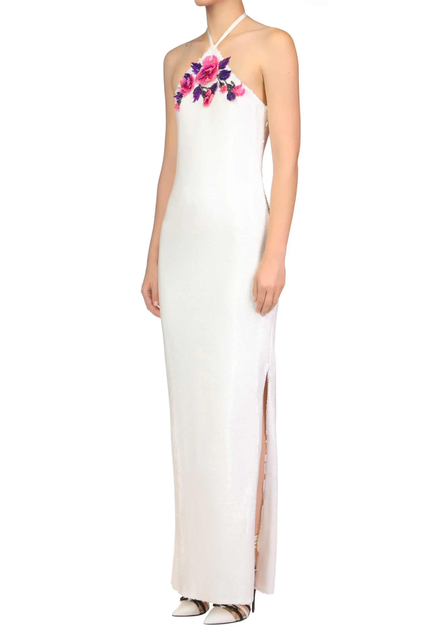 White Sequin Halter Gown With Hand Beaded Floral Detail