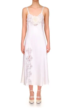 White Silk Satin And Lace Bias Slip Dress With Slit And Rose
