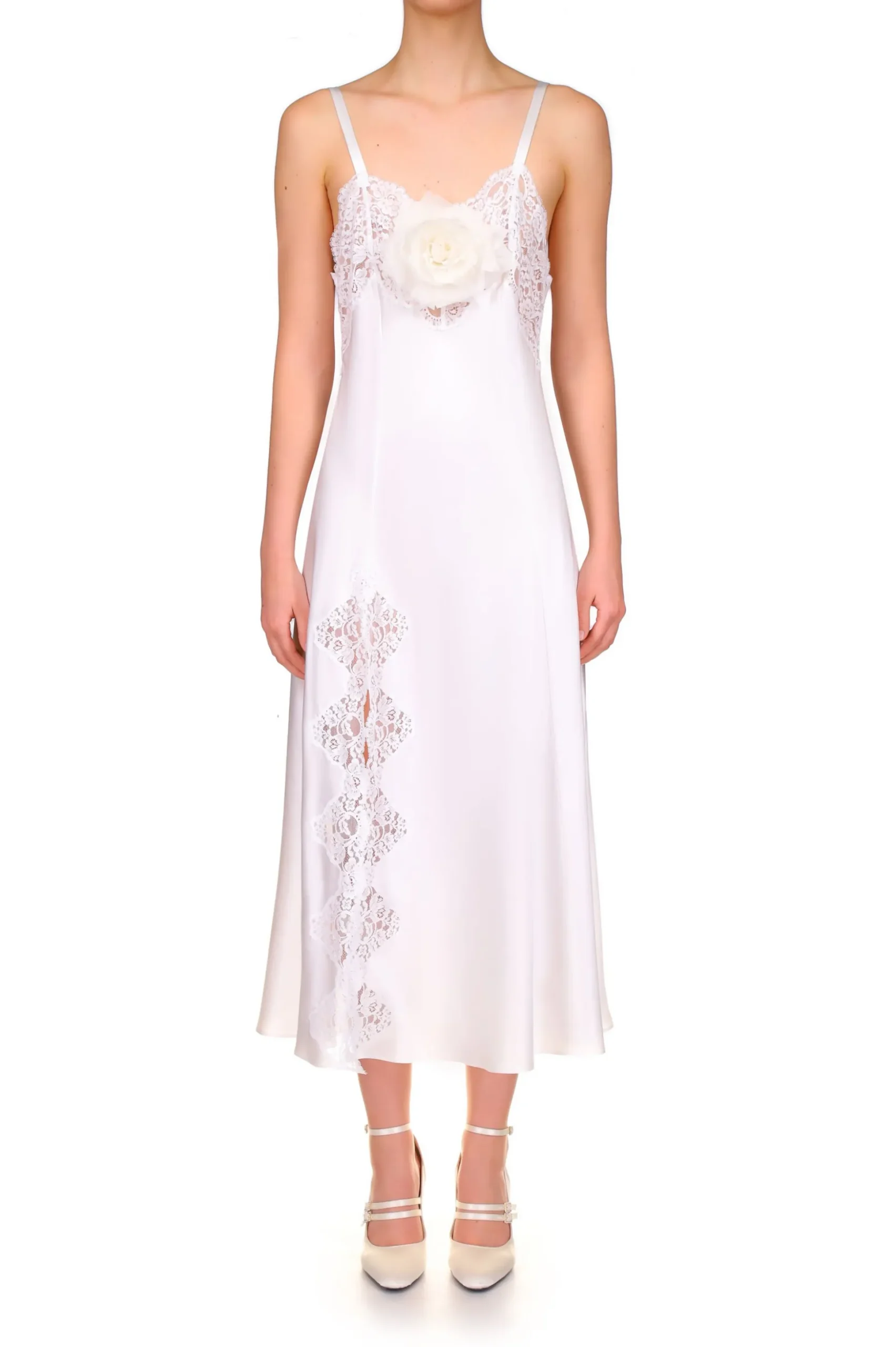 White Silk Satin And Lace Bias Slip Dress With Slit And Rose