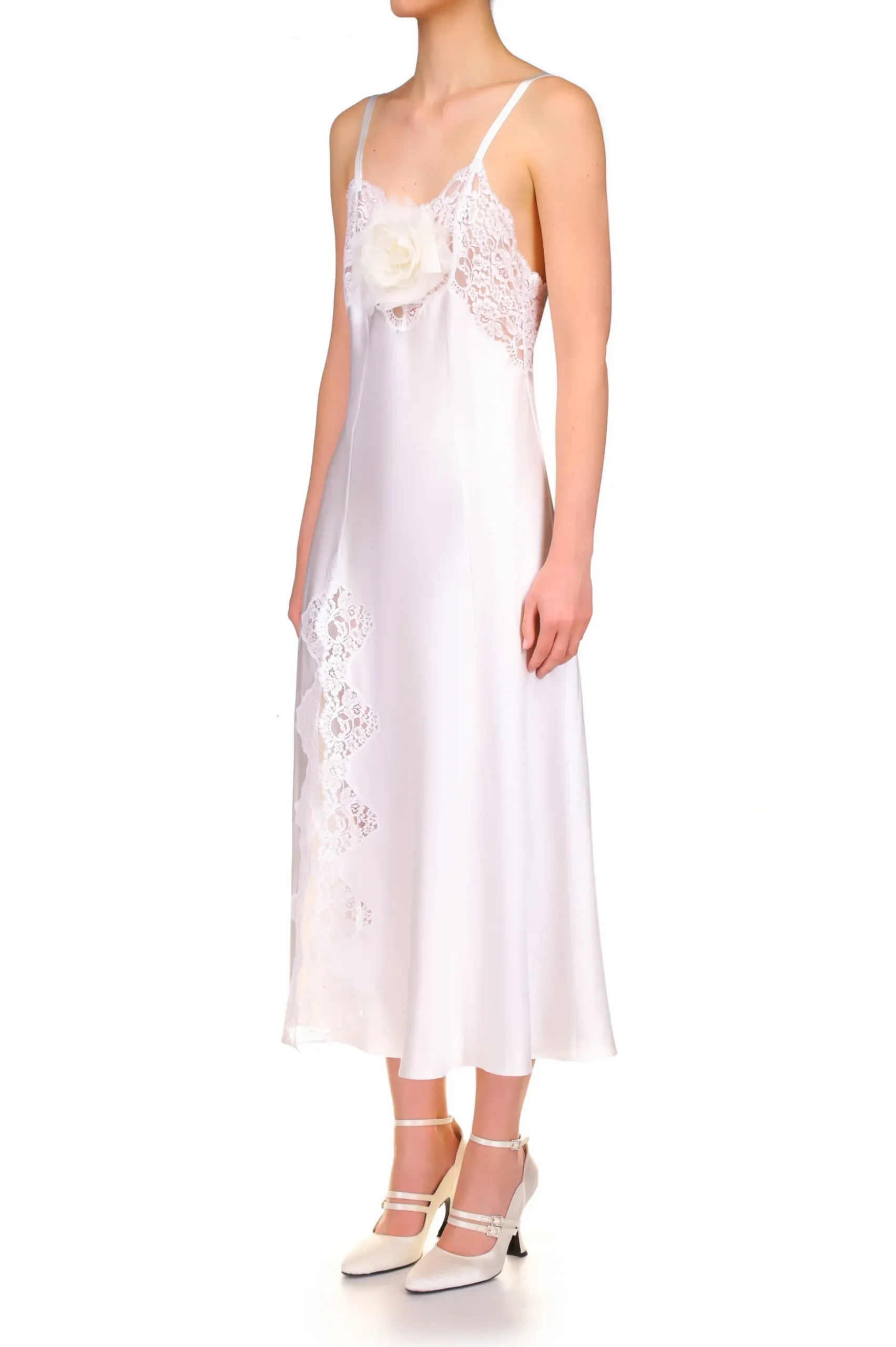 White Silk Satin And Lace Bias Slip Dress With Slit And Rose