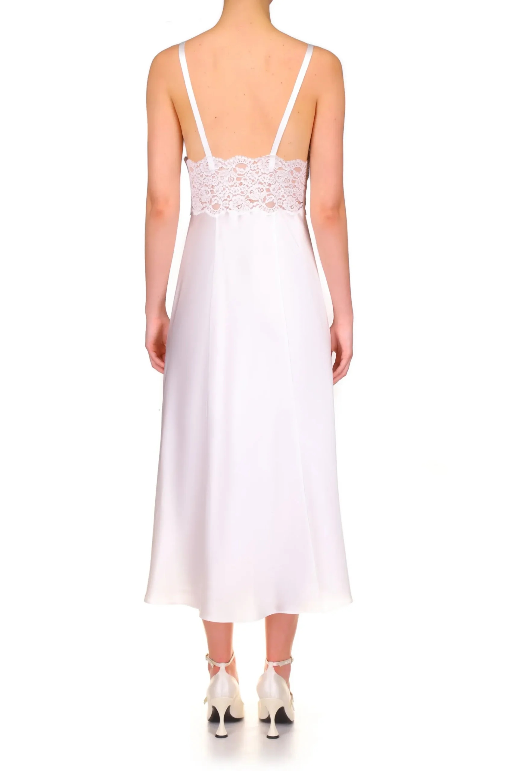 White Silk Satin And Lace Bias Slip Dress With Slit And Rose