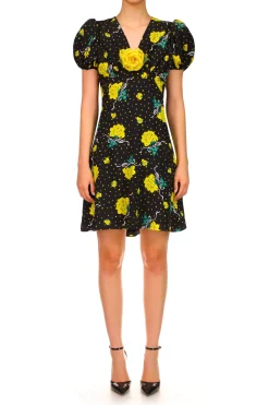 Yellow Rose Printed Silk Short Sleeve Mini Dress With Silk Flower