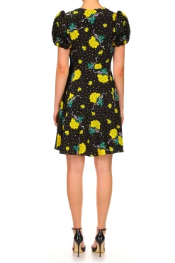 Yellow Rose Printed Silk Short Sleeve Mini Dress With Silk Flower