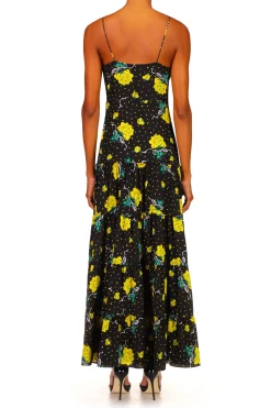 Yellow Rose Printed Silk Tiered Dress With Silk Flower