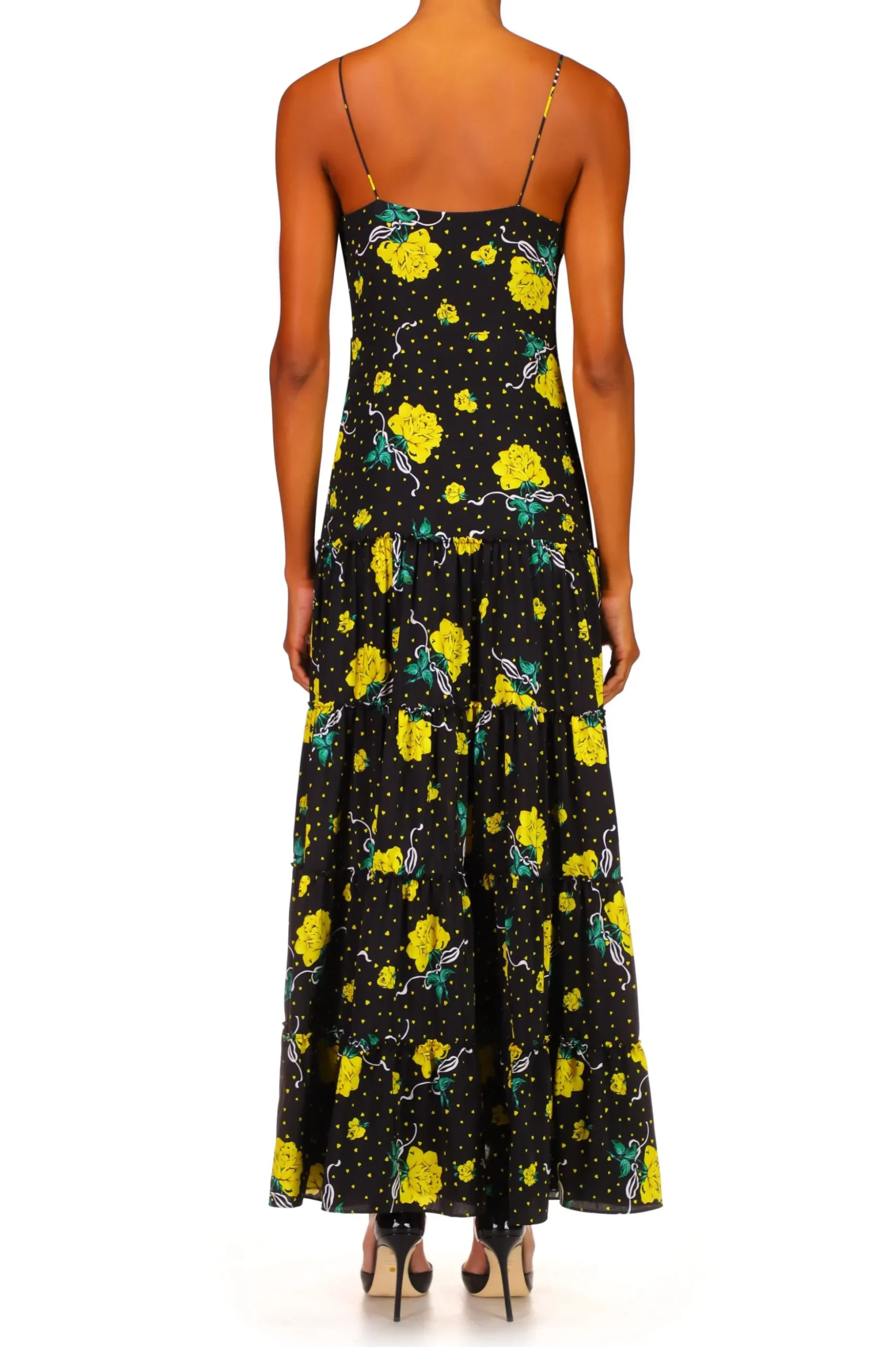 Yellow Rose Printed Silk Tiered Dress With Silk Flower