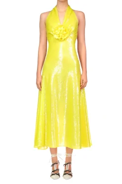 Yellow Sequin Halter Bias Dress With Flower Detail