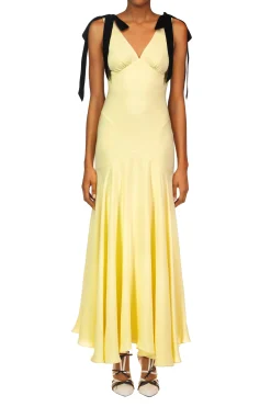 Yellow Silk Crepe Bias Dress With Black Velvet Ribbon Bow Detail