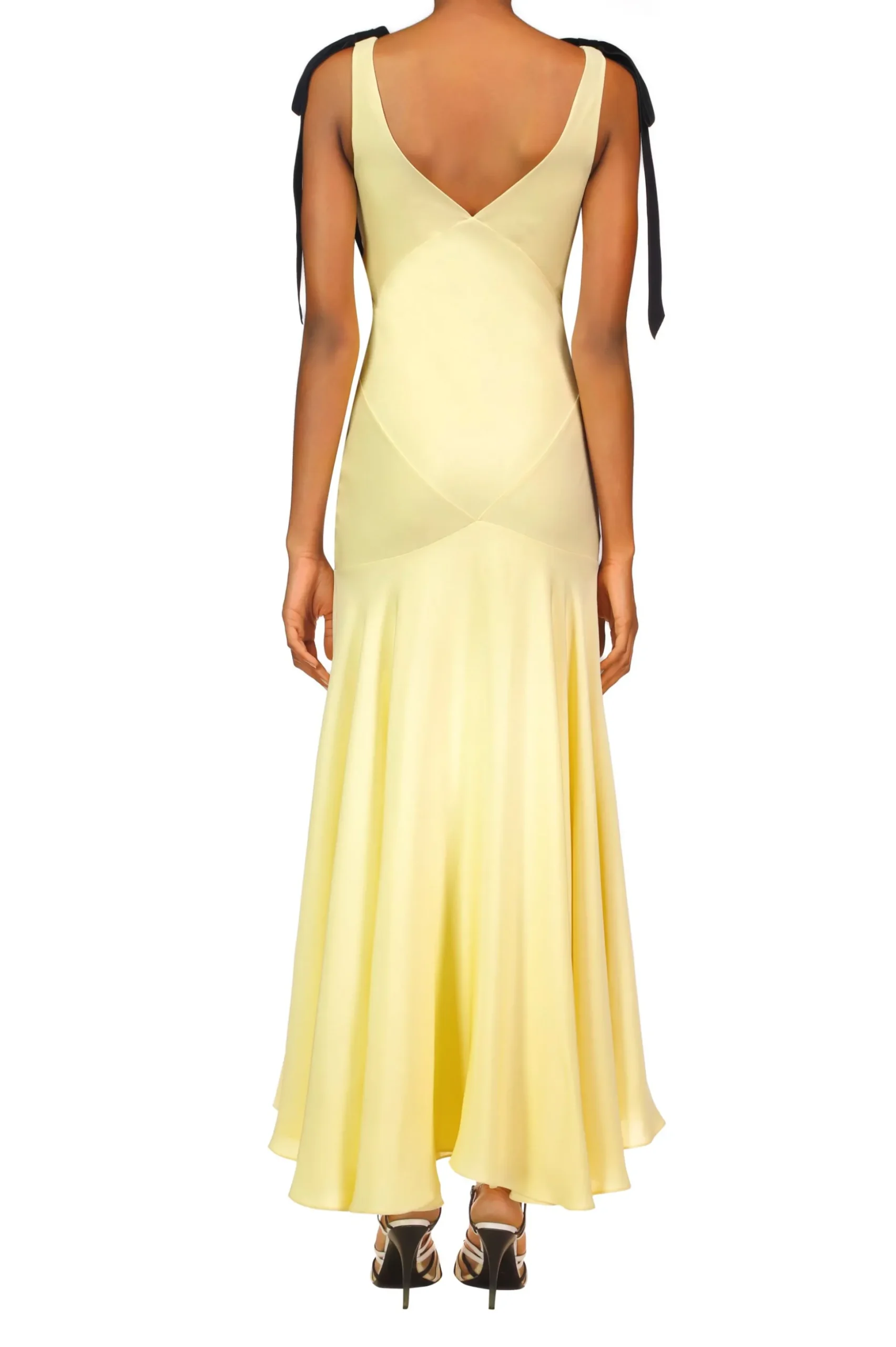 Yellow Silk Crepe Bias Dress With Black Velvet Ribbon Bow Detail